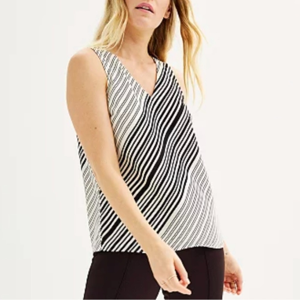 Nine West Black and White Diagonal Striped Sleeveless Workwear Blouse Plus 0XL